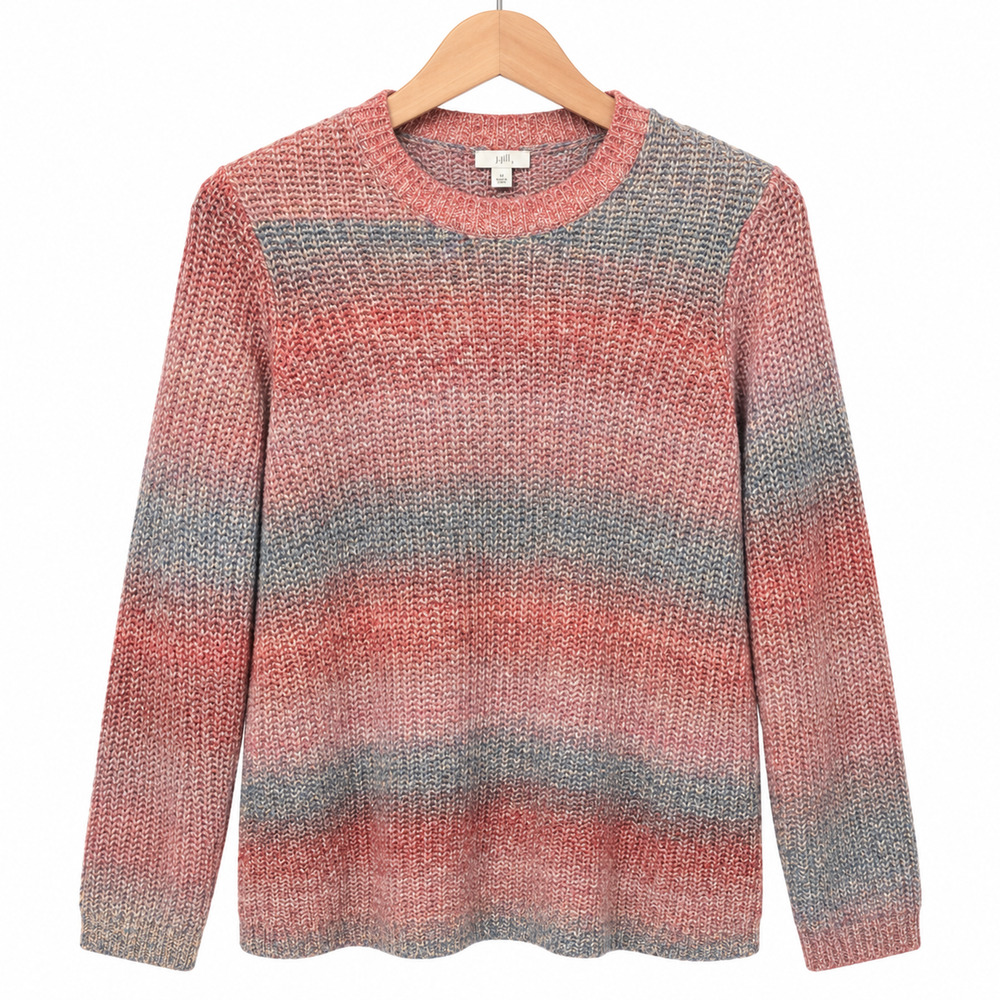 J Jill Sweater Womens M Pink Gray Striped Chunky Knit Crew Neck Cozy Pullover